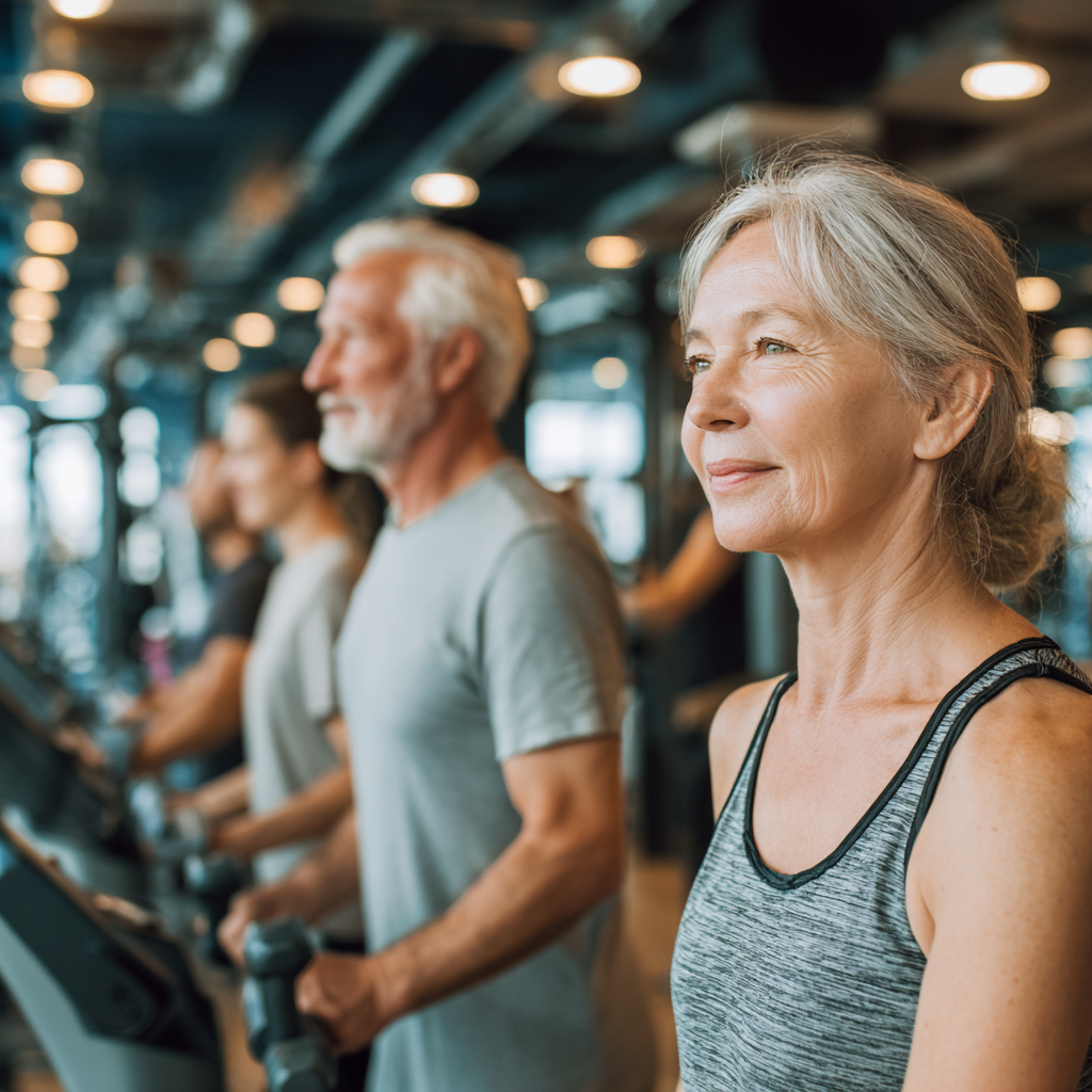 Група активних людей 50-60 років займається фітнесом у просторому залі з сучасним обладнанням