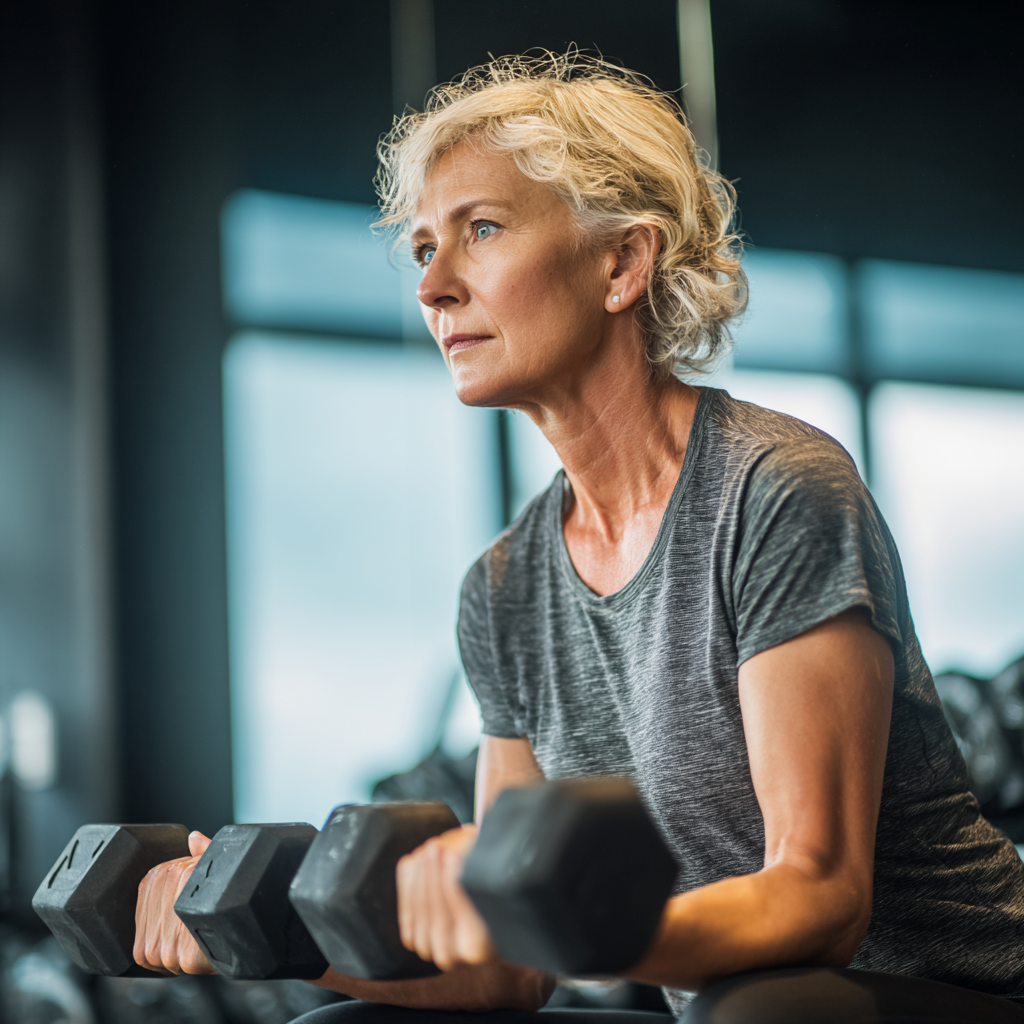 Активна жінка 55 років виконує функціональні вправи з гантелями у сучасному спортивному залі