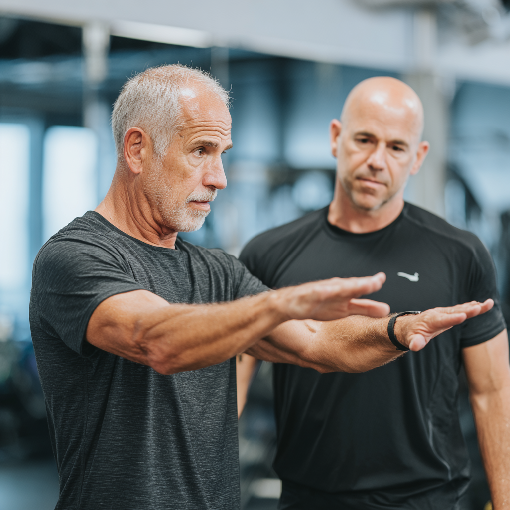 Досвідчений тренер 58 років демонструє правильну техніку виконання вправ активному клієнту у фітнес-залі